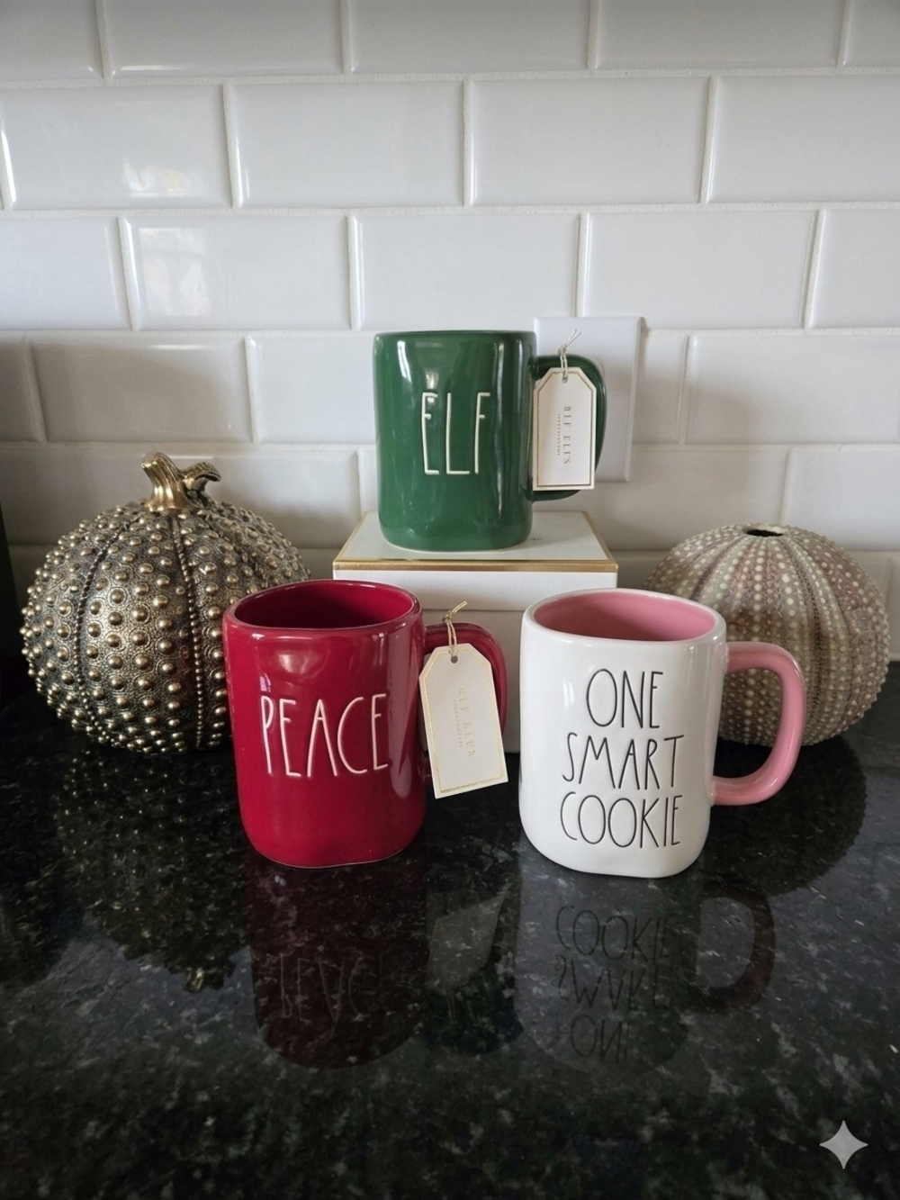 Rae Dunn Red "PEACE", Green "ELF" & White/Pink "One Smart Cookie" Mugs Set